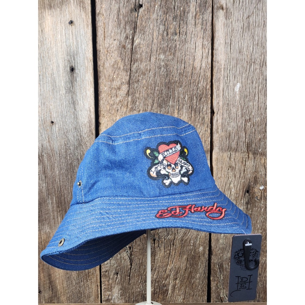 Ed Hardy Bucket Hat Blue Denim Love Kills Slowly Skull Embroidered Y2K‎ NWT